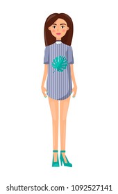 Girl in short dress with collar and stilettos. Woman in stylish striped clothes with stripes and green leaf print isolated cartoon vector illustration.