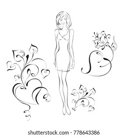 girl in short dress standing among hearts and flowers