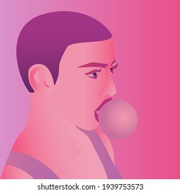 Girl with short hair chews gum.
