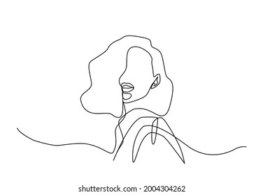 Girl with short hair in a coat turned her head - Minimalistic style vector - Face one line art