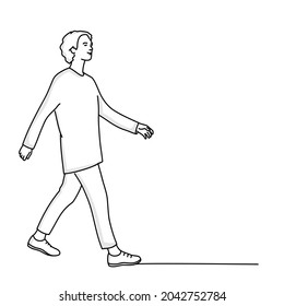 Girl with short hair in comfortable clothes is walking. Hand drawn vector illustration. Black and white.