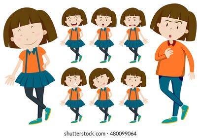 Girl with short hair in different actions illustration