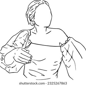 Girl with short hair in a dress doodle linear cartoon coloring book