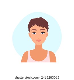 Girl with short hair, front portrait of young brunette woman vector illustration