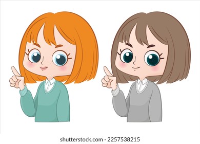 girl with short hair, reverse  red hair and brown hair pointing with forefinger