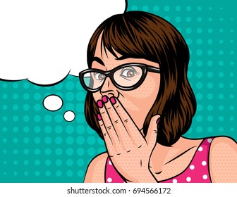 A Girl with a short hair in shocked emotion. Woman in glasses holds a hand near the mouth . The girl opened her mouth in surprise. Surprised  face with speech bubble on background of pop art style