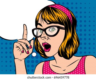 A girl with short hair in shocked emotions. A woman with glasses holds a hand to her face. The girl points a finger up. Surprised face with a speech bubble over the background of the style of pop art