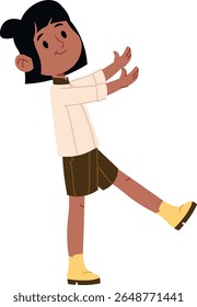 A girl with short hair stands in a playful pose, smiling warmly in a cartoon style. She strikes a cheerful stance with arms outstretched and a joyful expression. Cartoon vector illustration.