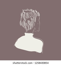  girl with a short haircut, hair on end. nape of girl with hairstyle. vector linear illustration