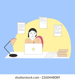 A girl with a short haircut sits at a computer by the light of a lamp. Computer work. Online learning. Distance education. Social media.