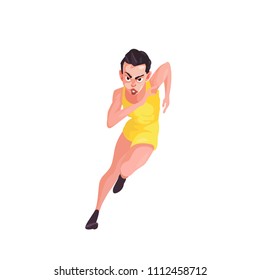A girl with a short haircut in a yellow sports suit runs on a white background