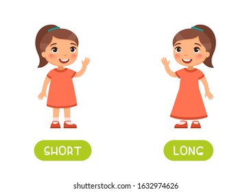 Girl in short and long dresses  illustration with typography. Flashcard vector template. Word card for english language learning with flat characters. Opposites concept. 