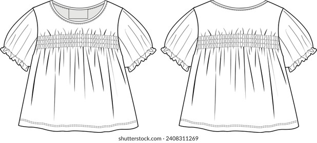 girl short puff sleeve shirred detail top,blouse fashion vector