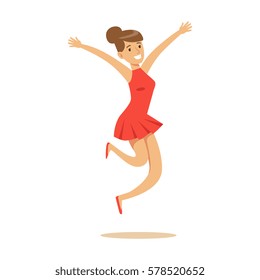 Girl In Short Red Dress Overwhelmed With Happiness And Joyfully Ecstatic, Happy Smiling Cartoon Character