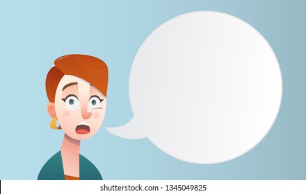 Girl with short red hair in cartoon style with speeech bubble. Beautiful vector flat design set template. Flyer nd site elements.