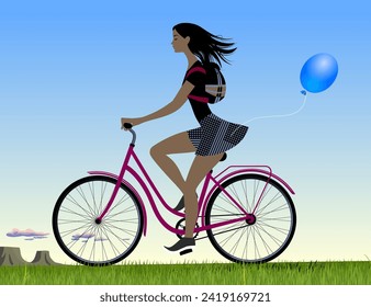 A girl in a short skirt with a backpack rides a bicycle among an american summer landscape with a meadow and a blue sky. Vector illustration for poster or placard