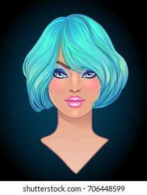 Girl with short turquoise hair. Bob cut hairstyle. Colored dyed. Trendy cosplay haircut ideas. Young woman with mint hair color on black background.