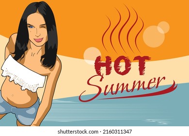 Girl in shorts on the beach Vector Graphic Illustration Art Design 