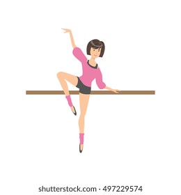 Girl Shorts And Pink Blouse In Ballet Dance Class Exercising With The Pole