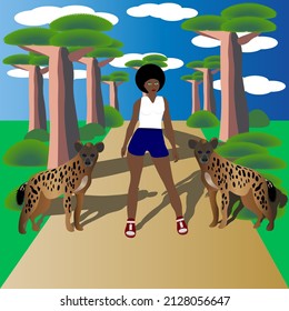 a girl in shorts and a tank top in Africa stands near two hyenas
