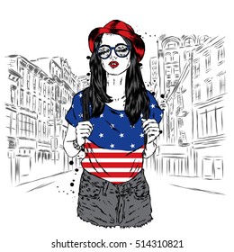 Girl in shorts and a T-shirt. The girl in a hat. Vector illustration for a card or poster. Print on clothes. Young girl on a walk. Fashion & Style.