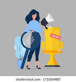 Girl with a shout and a magnifier. Golden office chair. Vacant place. The concept of finding people for work. Isolated. Vector.