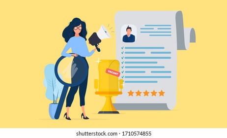 Girl with a shout and a magnifier. Golden office chair. Summary. Free place. The concept of finding people for work. Vector.