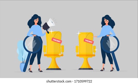 Girl with a shout and a magnifier. Golden office chair. Vacant place. The concept of finding people for work. Isolated. Vector.