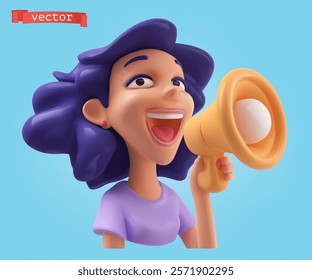 Girl shouting into a megaphone. 3d render vector cartoon icon