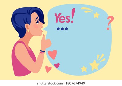 girl shouts about something good, holds her thumb up, a bubble with stars, hearts, exclamation and question marks and text Yes!