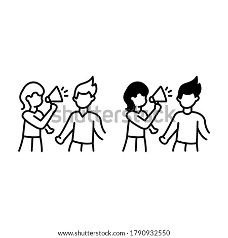 Girl shouts into a megaphone at a guy. Announce outline and glyph icons