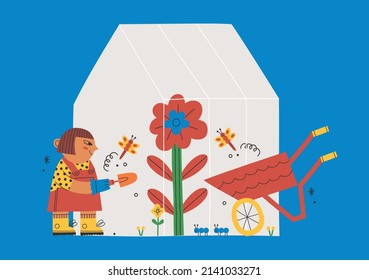 Girl With Shovel Planting A Flower In Greenhouse. Cute Cartoon Illustration. Kids Caring For Flowers With Dragonflies Around.