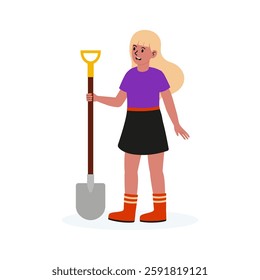 Girl with shovel standing on ground, ready for gardening activities in a colorful outfit