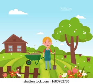 girl with a shovel stands on the field. cart with potatoes. house, beehives with bees. flowers are growing. vector illustration.