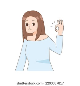 Girl show ok gesture. Woman agreed. Vector illustration isolated on white background