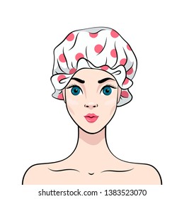 Girl In Shower Cap Close Up. Isolated Image On White Background. Vector Illustration 