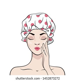 Girl in shower cap closed eyes. Isolated image on White background. Vector illustration 