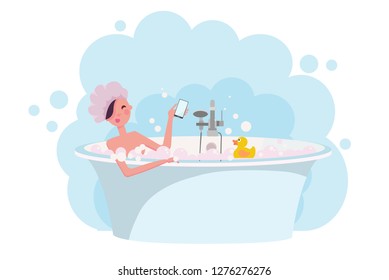 Mädchen mit Duschhaube, das ein Bad mit Seifenschaum nimmt.Gelbe Gummiente in der Badewanne. Die Frau badet in einer exquisiten Badewanne. Entspannendes Mädchen im Badezimmer auf weißem Hintergrund. Flachbild-Cartoon-Vektorillustration