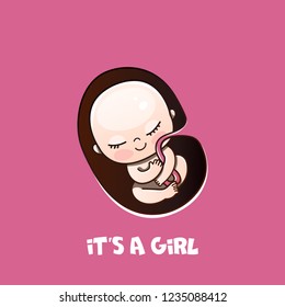 It's a Girl shower card. Invitation template with cute baby for candy. Labels with letters and kids illustration. baby embryo in tummy