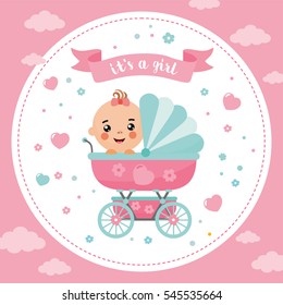 It's a Girl shower card. Invitation template with cute baby in a buggy. Labels with letters and kids illustration.