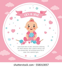 It's a Girl shower card. Invitation template with cute baby with candy. Labels with letters and kids illustration.