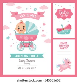 It's a Girl shower set. Invitation template with cute baby in a buggy. Labels with letters and kids illustration.