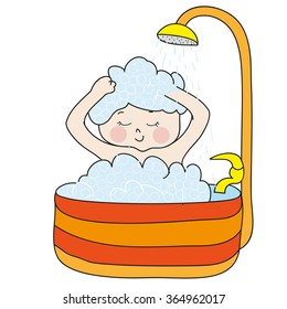 Girl showering in a bathtub with foam. Perfect vector illustration for greeting cards, children books.