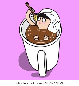 Girl Showers In A Cup Of Coffee. Caffeine Addiction Concept Card Character illustration