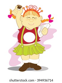 Girl showing chocolate cartoon with your product and Logo in t-shirt and box. The cartoon acting concept freedom for eat or diet concept.