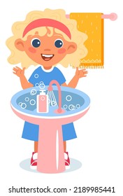 Girl Showing Clean Hands After Washing. Cartoon Kid Character