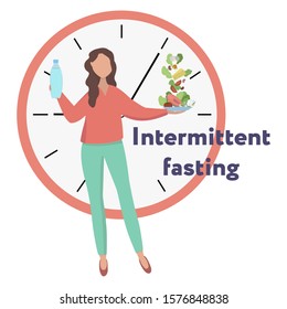 Girl showing the concept of  intermittent fasting. Method of losing weight. Food window. Girl holds water and food against the background of the clock. Vector flat illustration.