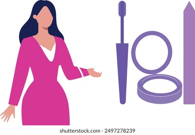 Girl showing different makeup products.