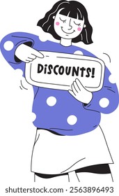 Girl Showing Discounts Banner Vector Illustration