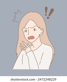 Girl showing expressions of frighten, shock, scare . Shocked woman expressing feeling, opening mouth. Exclamation mark behind. Hand drawn flat cartoon character vector illustration.